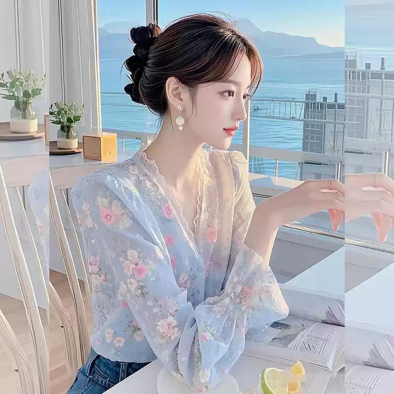 LUNAáo girl phố nữ  dép nữ xinh  váy nữ đẹp đi chơi Áo sơ mi lụa dài tay màu xanh da trời kiểu Pháp 
