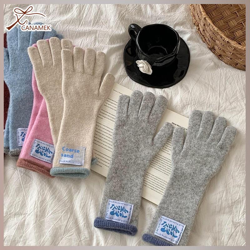 ❤❤❤Hot Sale CANAMEK Hàn Quốc giữa Chiều dài nhãn xoăn găng tay ấm áp cho phụ nữ dopamine màu chặn dệt kim màn hình cảm ứng sinh viên năm ngón tay găng tay