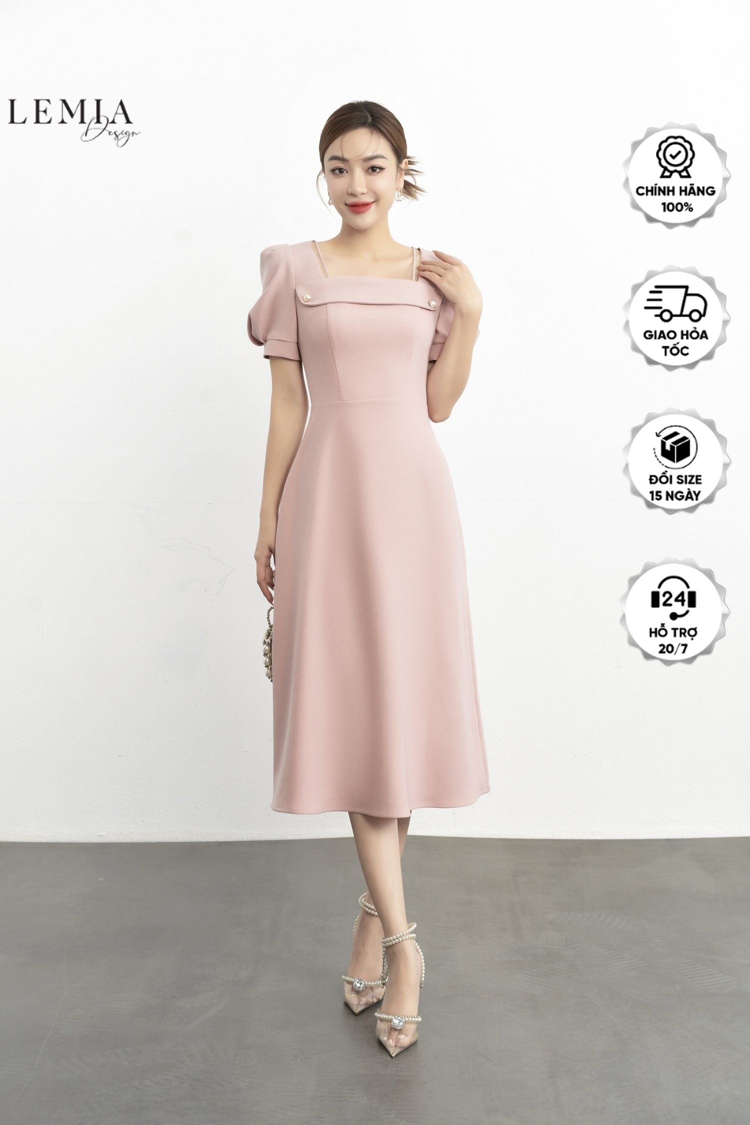Váy nữ chất liệu xốp nhung cộc tay cổ vuông đính cúc ngực thanh lịch công sở đi tiệc đi chơi by lemia design - lv2201