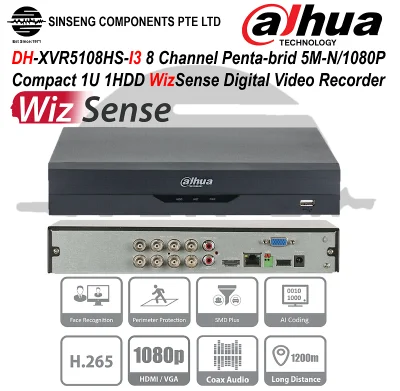 Dahua XVR5108HS-I3 8CH XVR [Penta-brid 5M-N/1080P Compact 1U WizSense 8 Channel Digital Video Recorder (DVR) PC-Mobile APP:iDMSS Lite/DMSS]