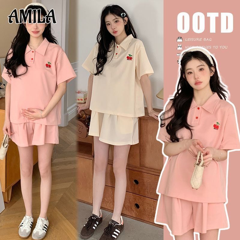 AMILA Maternity Polo Shirt Suit Women's Casual Short-Sleeved Two-Piece Set Sweet Cute Pregnant Women Suit ราคา 152 บาท*ส่งฟรี
