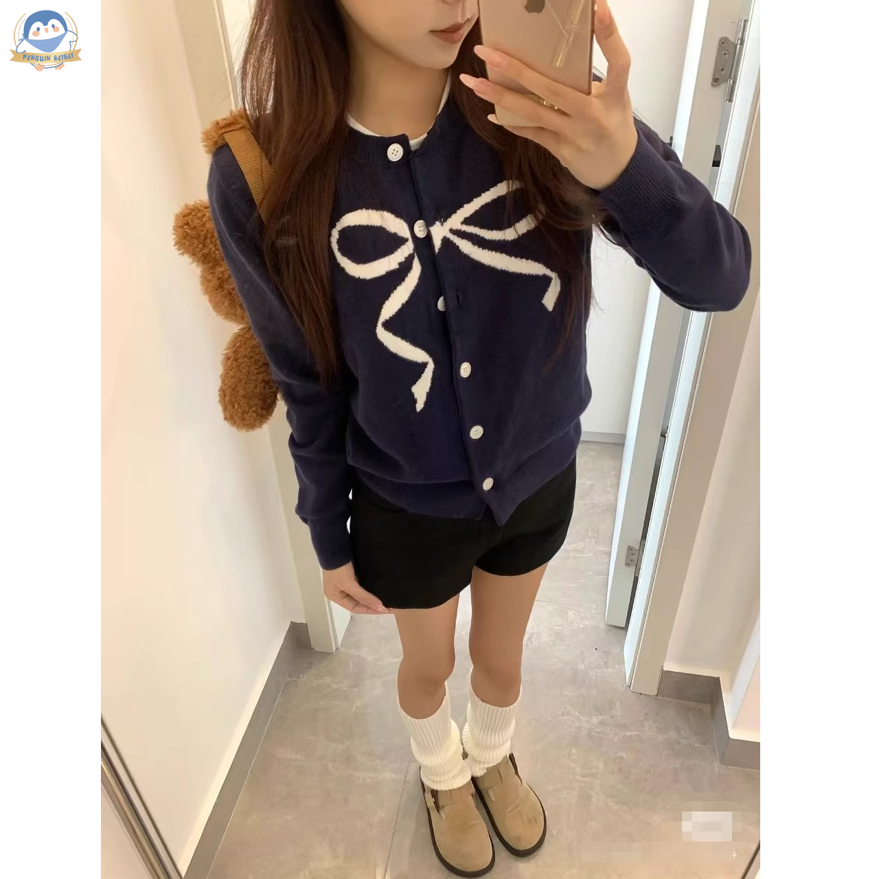 Pb Korean style short bow jacquard knitted cardigan for women with short skirt, college style, versatile sweater jacket