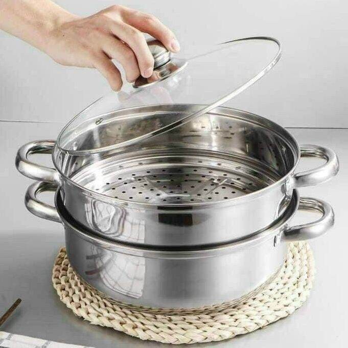 Nồi hấp inox 2 tầng, Xửng Hấp 2 Tầng đa năng 28cm, cao cấp nắp kính, cách thủy tiện lợi
