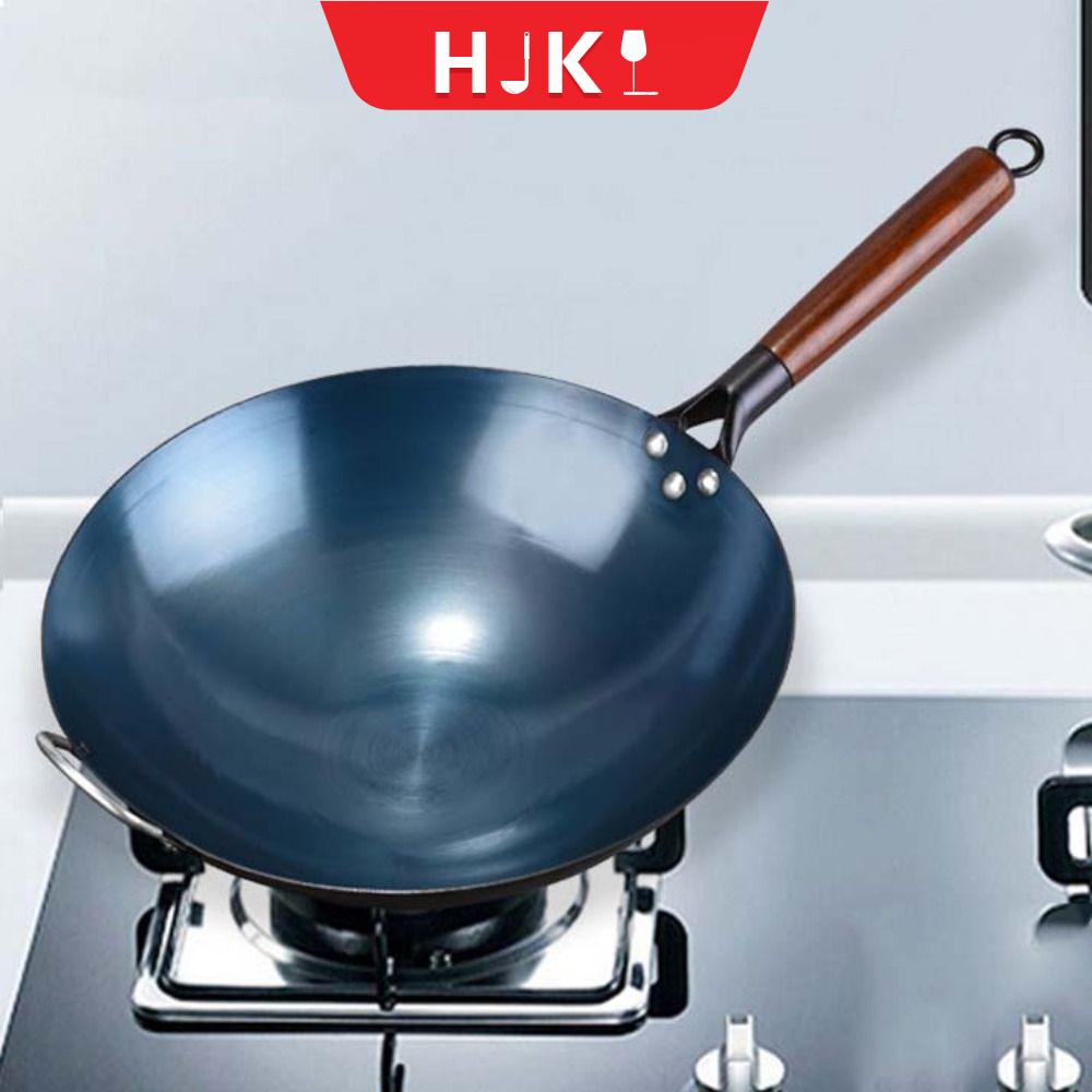 HJKL Tay cầm bằng gỗ Chảo sắt Truyền Thống Trung Quốc Đáy tròn Chống bỏng Chảo rán Dụng cụ nấu ăn nhà bếp Không dính Nồi sắt Nhà hàng