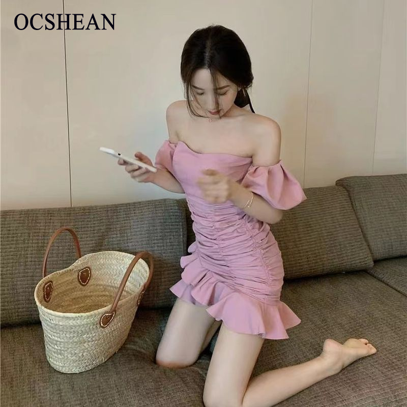 OCSHEAN สไตล์ฝรั่งเศสที่อ่อนโยนคำเดียวการออกแบบที่ไม่มีสายหนังอารมณ์เทพธิดา Fan Qingshu สไตล์ Yujie ชุดเดรสสะโพกกระเป๋าหางปลาฤดูร้อน ราคา 147 บาท*ส่งฟรี