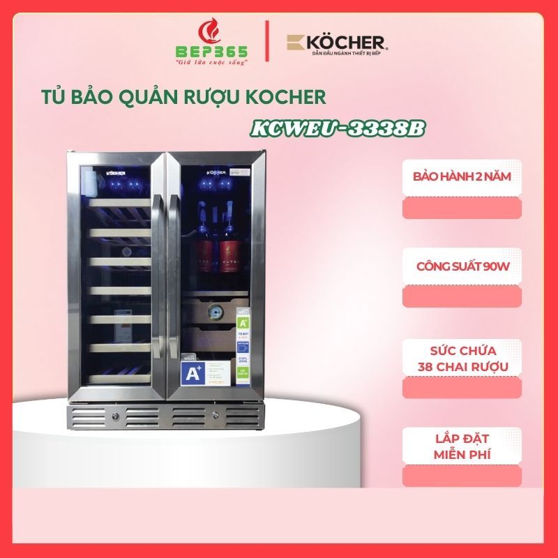 Tủ Bảo Quản Rượu Kocher KCWEU-3338B – Side by Side 2 Ngăn Độc Lập – Dung Tích 120L – Chứa 38 Chai