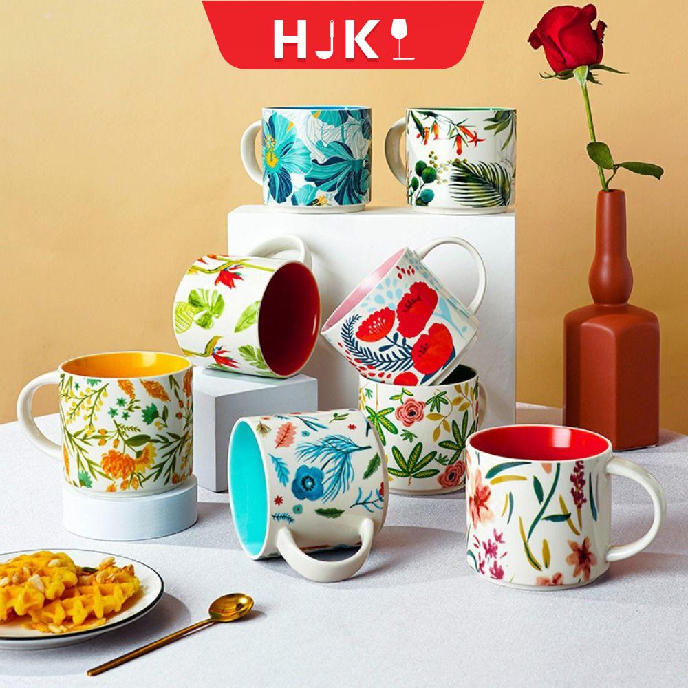 HJKL Sáng Tạo Cốc gốm Vẽ Tay Màu hoa Cốc trà Quà sinh nhật Có tay cầm Cốc nước Trang trí nhà cửa