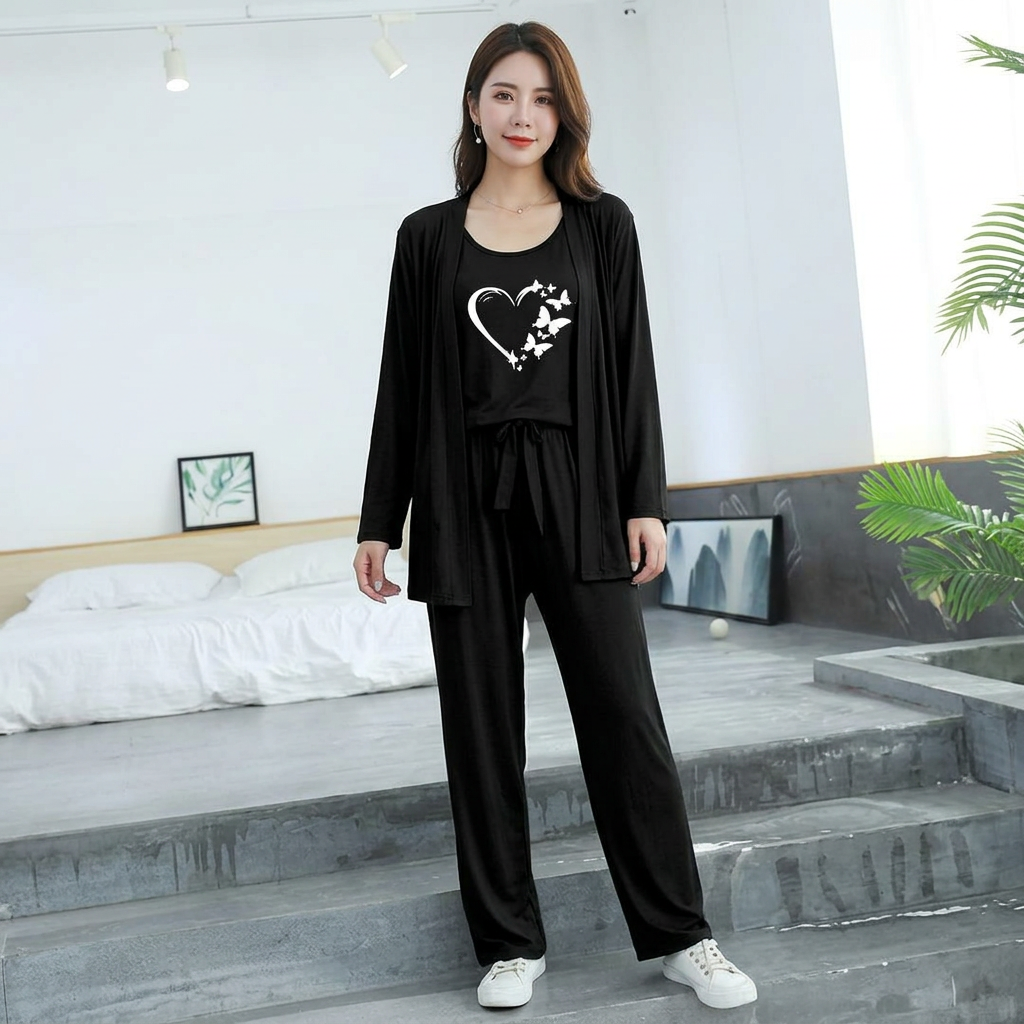 3 Piece Lounge wear Nightwear Sleepwear For Women Multi Print With black Color Ladies and Girls for Night Wear Hot Night Dress & Nighty Set for Girls and Brides
