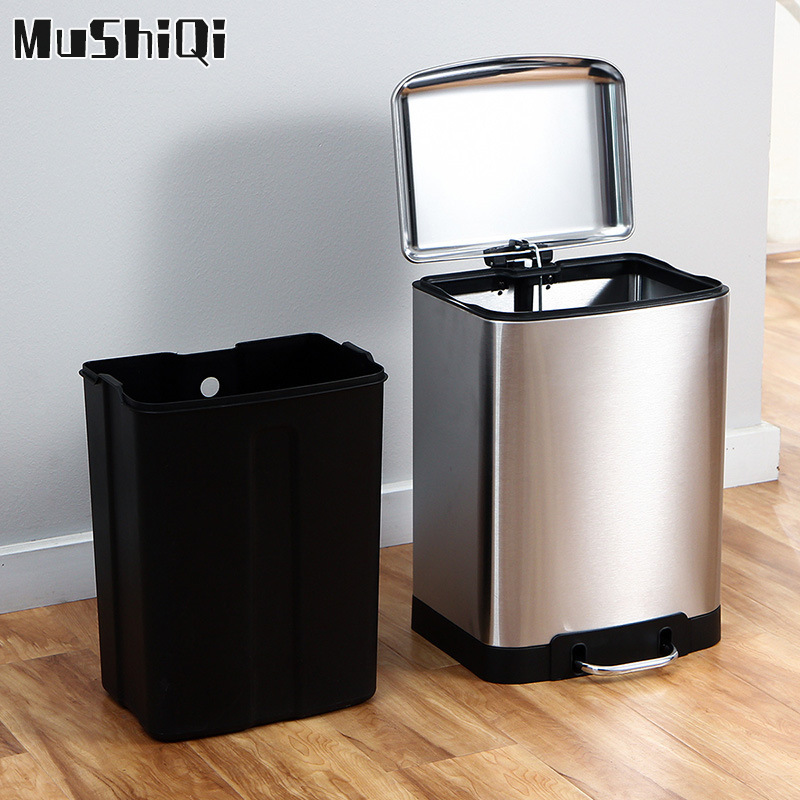 Square living room trash can household kitchen covered trash basket stainless steel pedal trash can