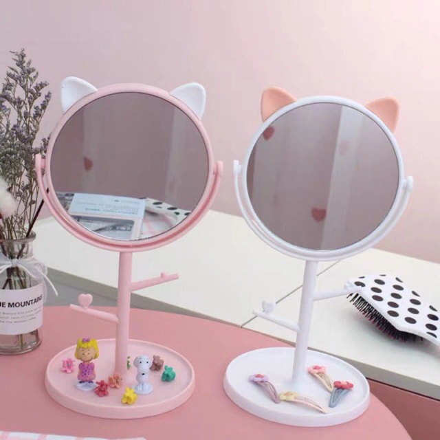 Gương trang điểm để bàn tai mèo dễ thương xoay 360 độ - gương để bàn make dễ thương