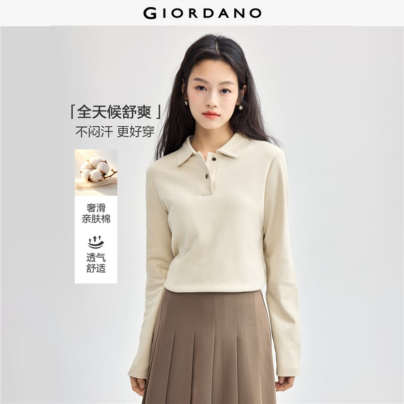 GIORDANO Women Polo Shirts 100% Cotton Metal Buttons Polo Shirts Long Sleeve Fashionable Casual Regular Polo Shirts 05316783