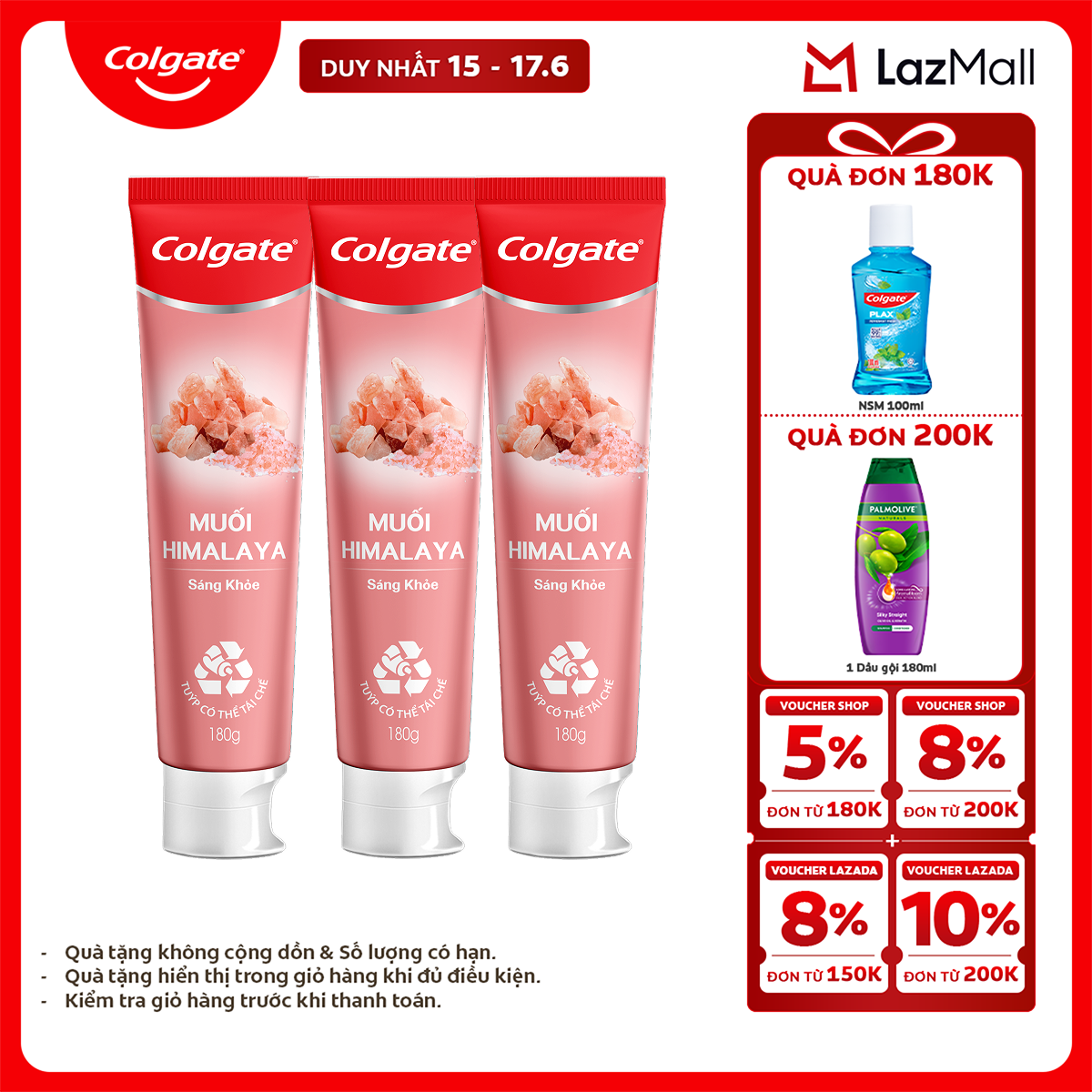 Bộ 3 Kem đánh răng Colgate thiên nhiên muối Himalaya sáng khỏe 180g x3