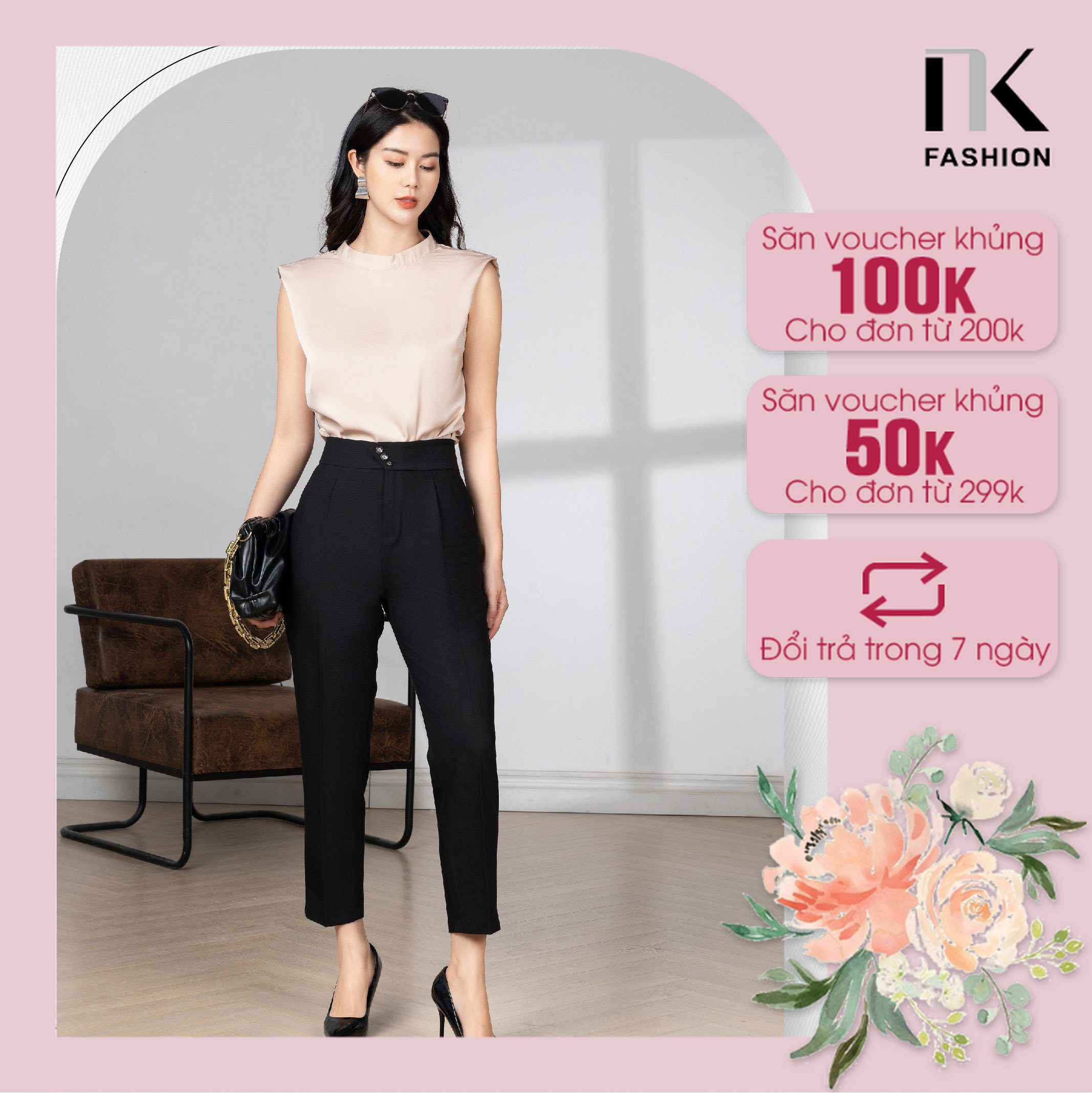 Quần baggy nữ công sở nk fashion thiết kế cạp cao 3 cúc, chất vải mềm nhẹ co giãn nkqu2203007