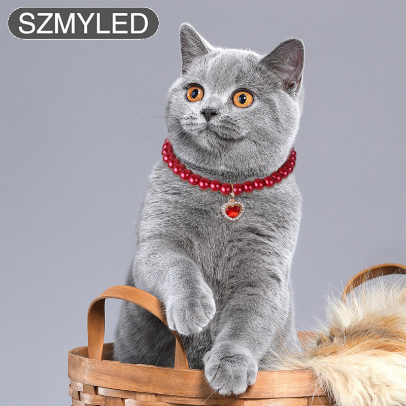 Pet Pearl Necklace With Heart-shaped Diamond Pendant Cat Jewelry With Safety Buckle For Small Medium Dogs