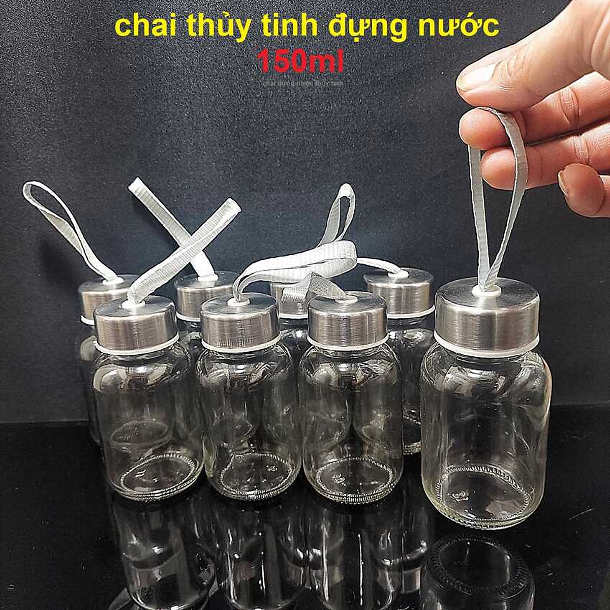 Chai thủy tinh 150ml đựng nước có dây treo nắp thiếc vặn - bình thủy tinh đựng nước ,sữa, trà, cafe – chai detox