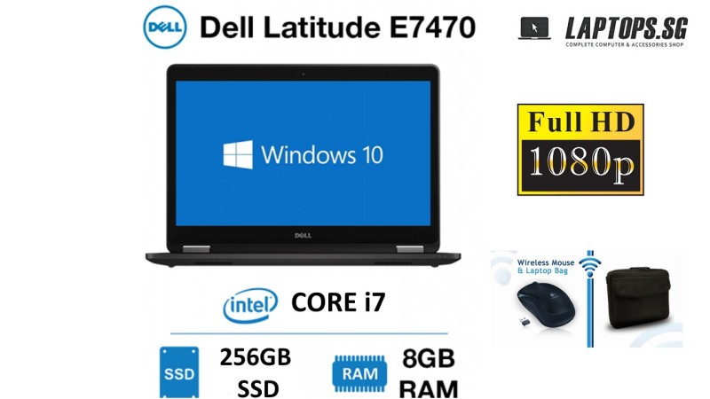 Dell Latitude E7470 Intel Core i7-6300U / 6th Gen / 8GB RAM / 256GB SSD / 14 FULL HD DISPLAY / WINDOWS 10-PRO / GRADE A CONDITION / FREE BAG & WIRELESS MOUSE