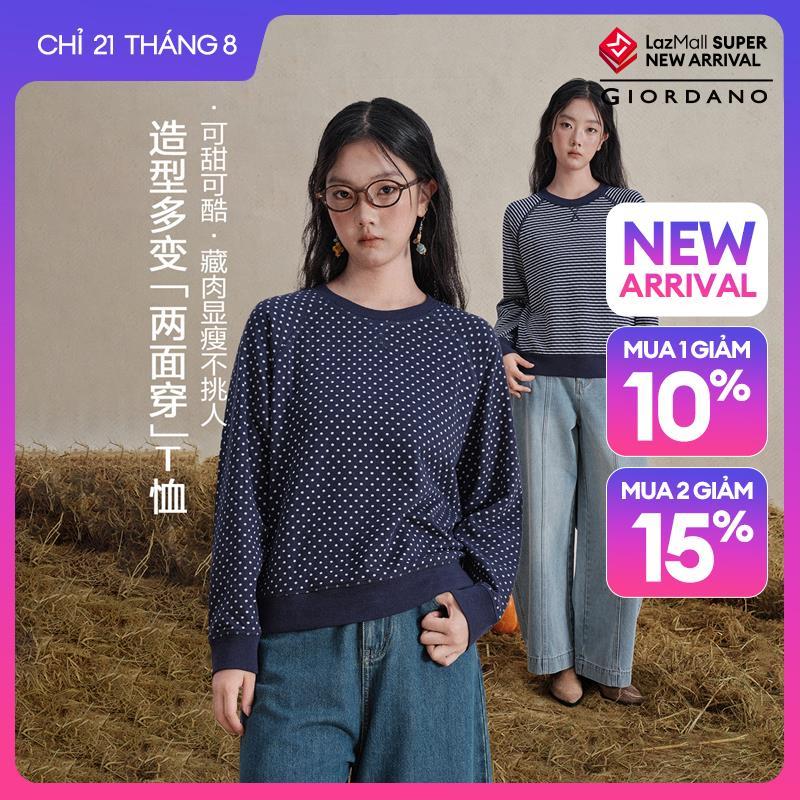 GIORDANO Women T-Shirts Reversible Polka Dot & Stripe Tee Crewneck Raglan Sleeve Fashionable Casual Loose T-Shirts 18326231