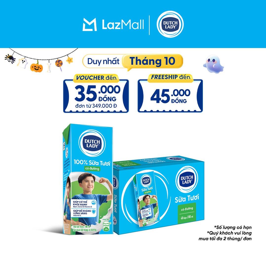 Thùng 48 Hộp Sữa Tươi Tiệt Trùng Dutch Lady Cô Gái Hà Lan Có Đường 180ml (48x180ml)