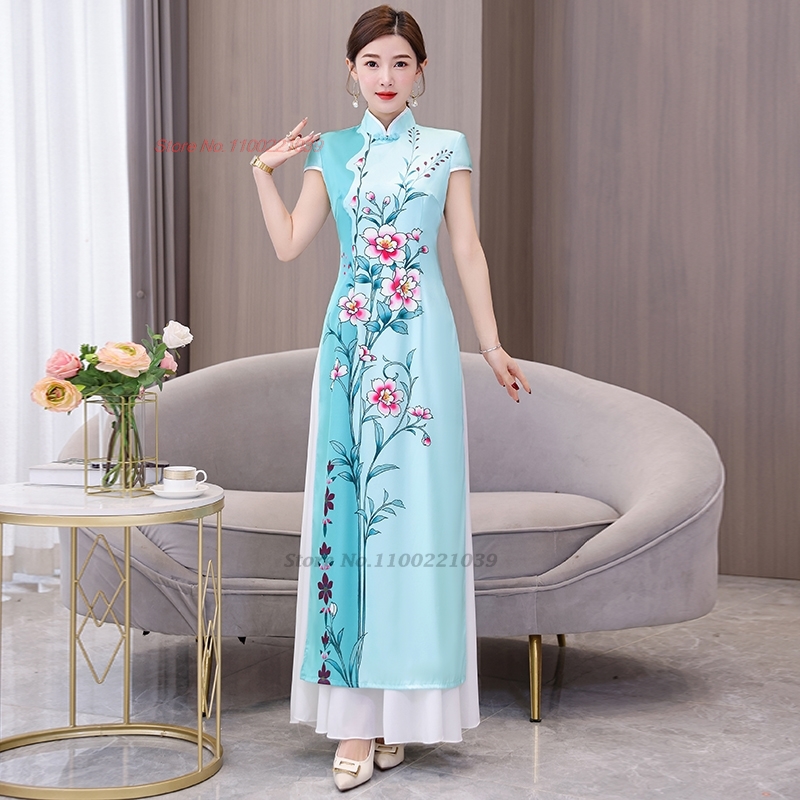 Camile Việt Nam Áo Dài Phụ Nữ Đầm Hoài Cổ Sườn xám cách tân Quốc Gia in hoa buổi tối dự tiệc Gown Xư