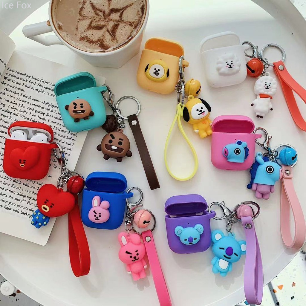 Ice FoxCute bt21 AirPods Case Silicone Soft AirPods 1/2/3/Pro Case Anti-drop Apple Bluetooth Wireless Earphone Protective Case AirPods Pro Case With Pendant