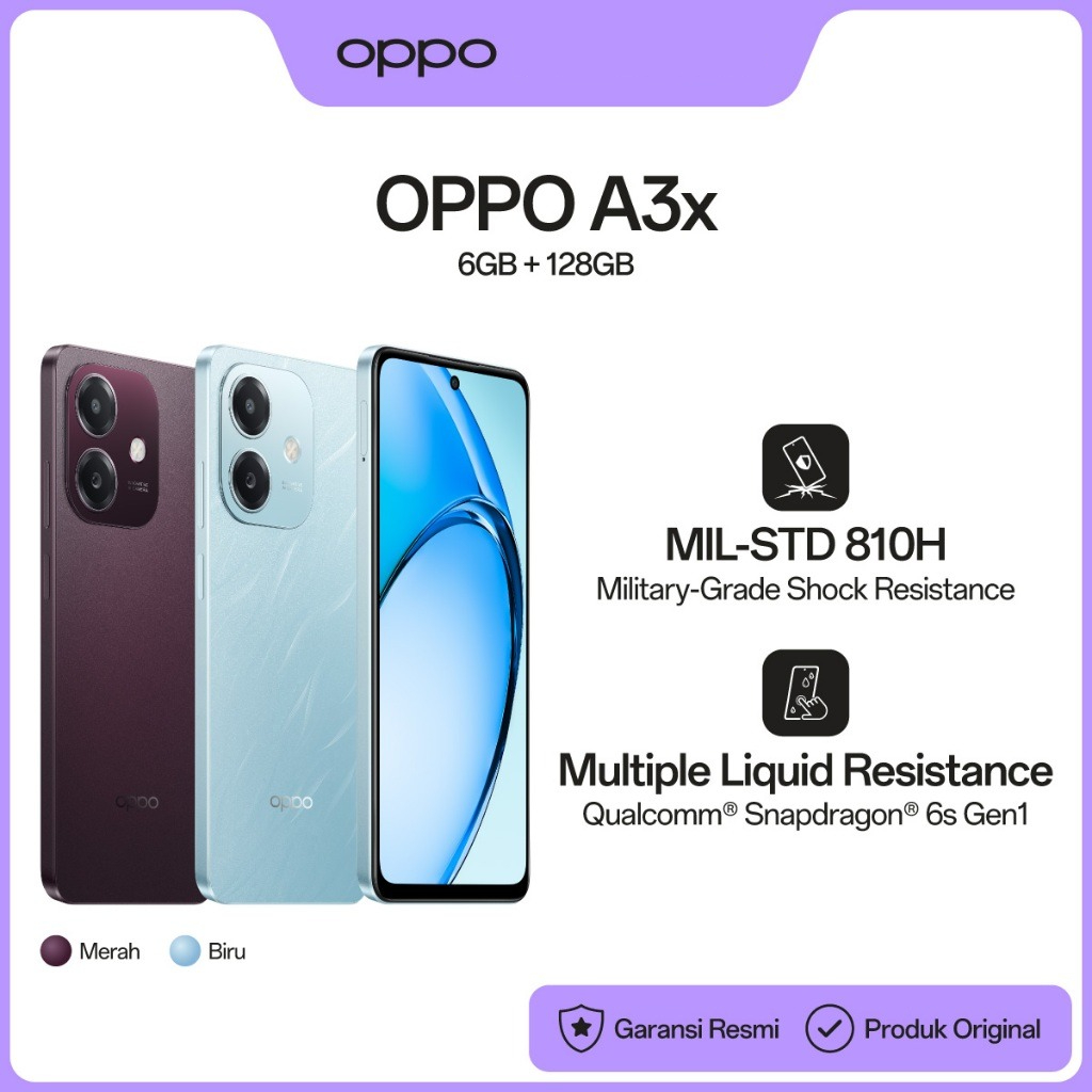 OPPO A3x [6GB/128GB] - Qualcomm Snapdragon 6s 4G Gen1, 1000nit Ultra Bright Display, 300% Ultra Volume Mode, Military-Grade Shock Resistance Harga  2,399,000 Ringgit*Penghantaran Percuma