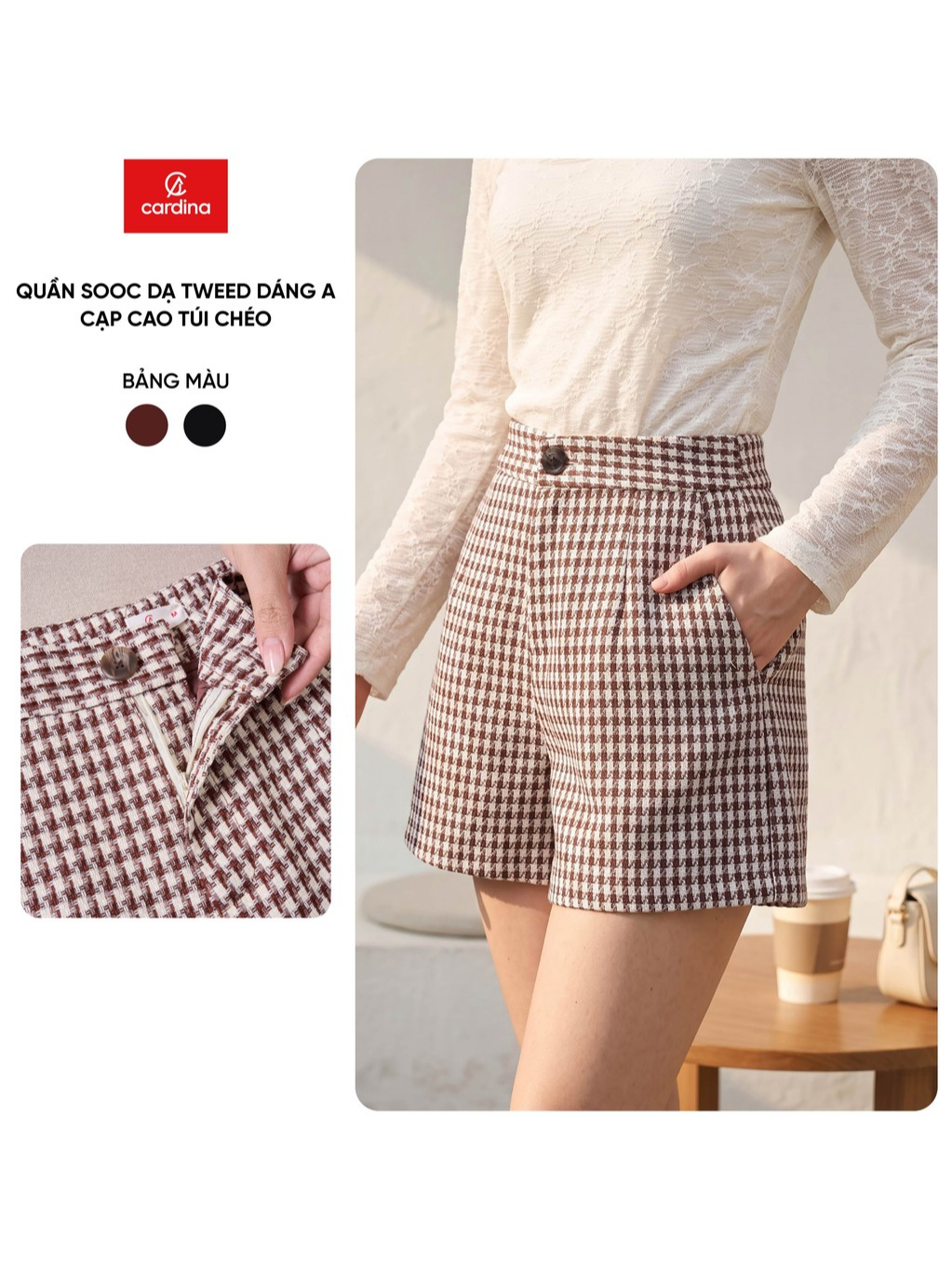 Quần đùi sooc nữ CARDINA chất liệu dạ dáng A cạp cao túi chéo 6QSA31