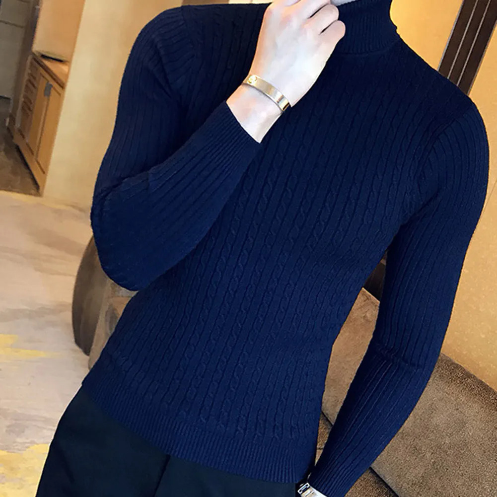 Casual Men Winter Solid Color Turtle Neck Long Sleeve Twist Knitted Slim Sweater Men's Knitted Sweaters Pullover Men999_voghion.com