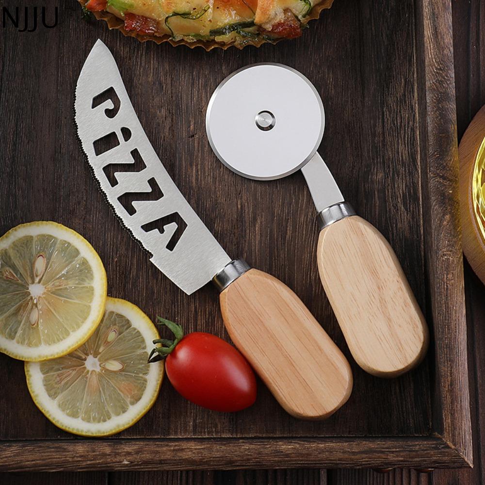 NJJU Tay cầm bằng gỗ Dụng cụ cắt pizza Mini Thép không gỉ Máy cắt bột Dụng cụ cắt bánh ngọt Dụng cụ làm bánh Lưỡi dao răng cưa Bánh xe cắt pizza Bánh Mì