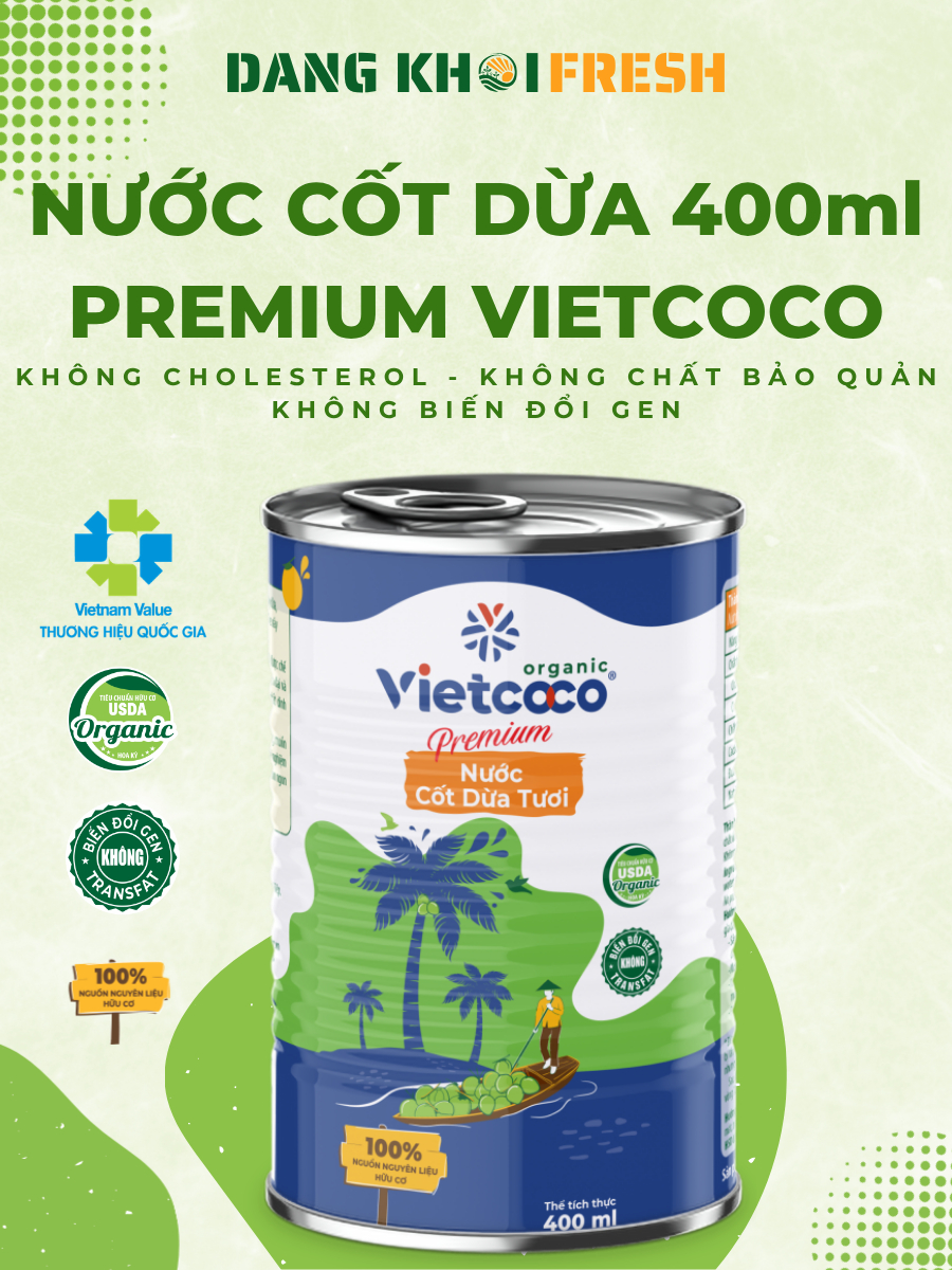 COMBO 5 Lon Nước Cốt Dừa Tươi VIETCOCO 400ml Premium Hữu Cơ Coconut Không GMO, Biến Đổi Gen,