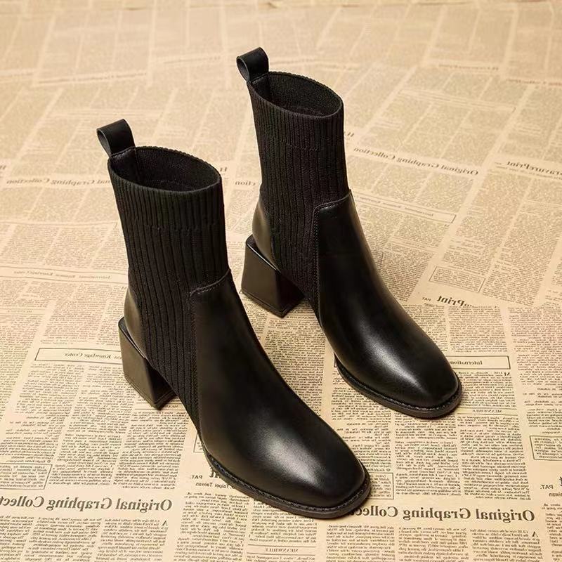 Genuine leather short boots for women, square toe thick heels