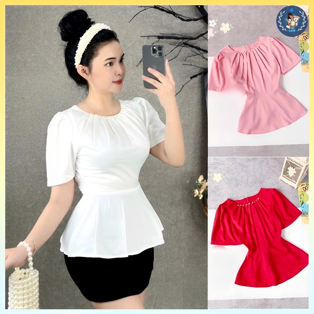 Áo sơ mi kiểu nữ peplum cổ xếp ly đính ngọc có chun lưng giấu bụng hiệu quả