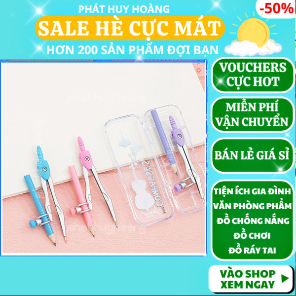 Bộ compa vẽ hình tròn bằng thép phổ thông có hộp đựng tránh nguy hiểm dễ dàng sử dụng dụng cụ học tập dụng cụ học sinh đồ dùng học tập Phát Huy Hoàng
