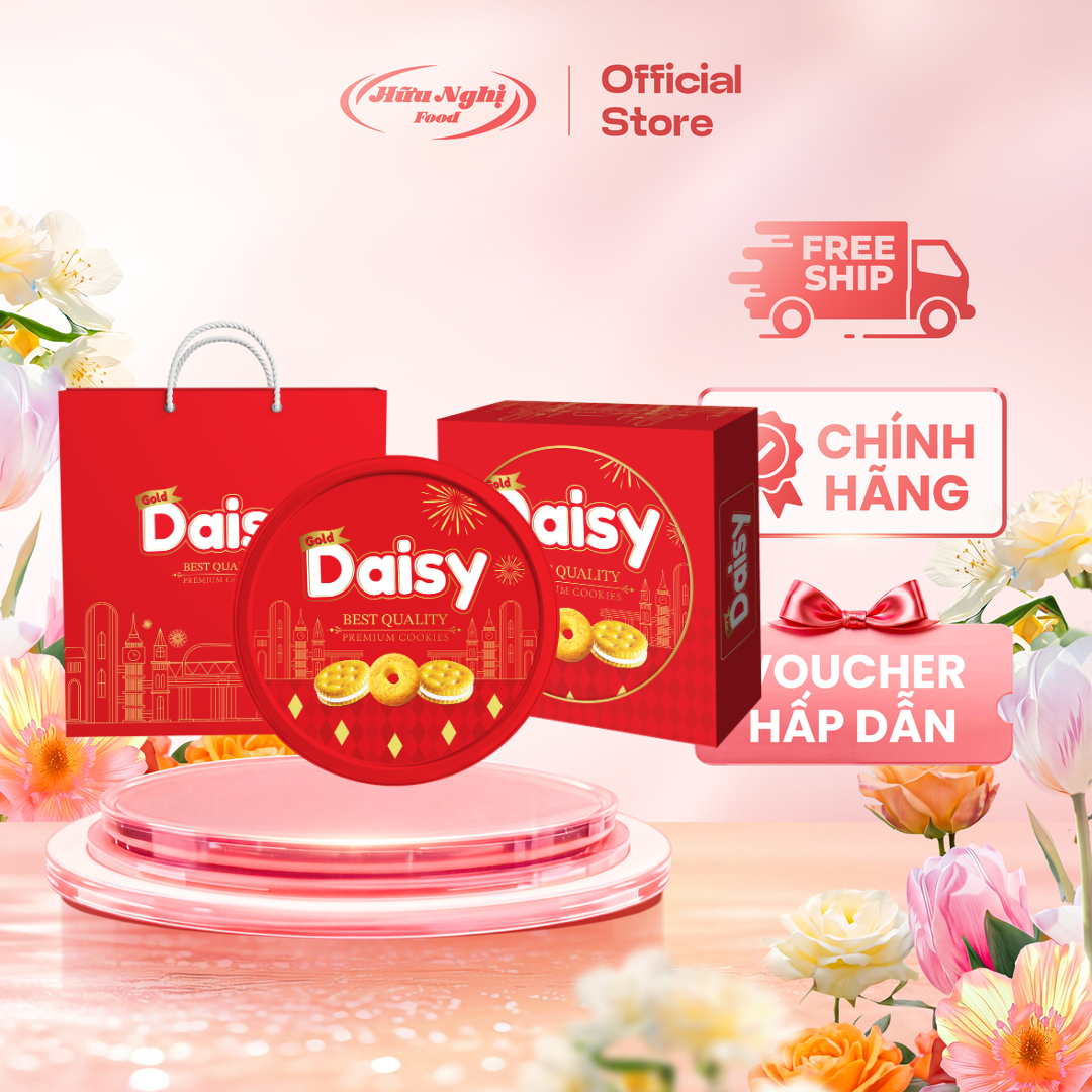 Hộp Bánh Tết Quy Bơ Gold Daisy Assorted Cookies 303g - Hộp thiếc kèm túi