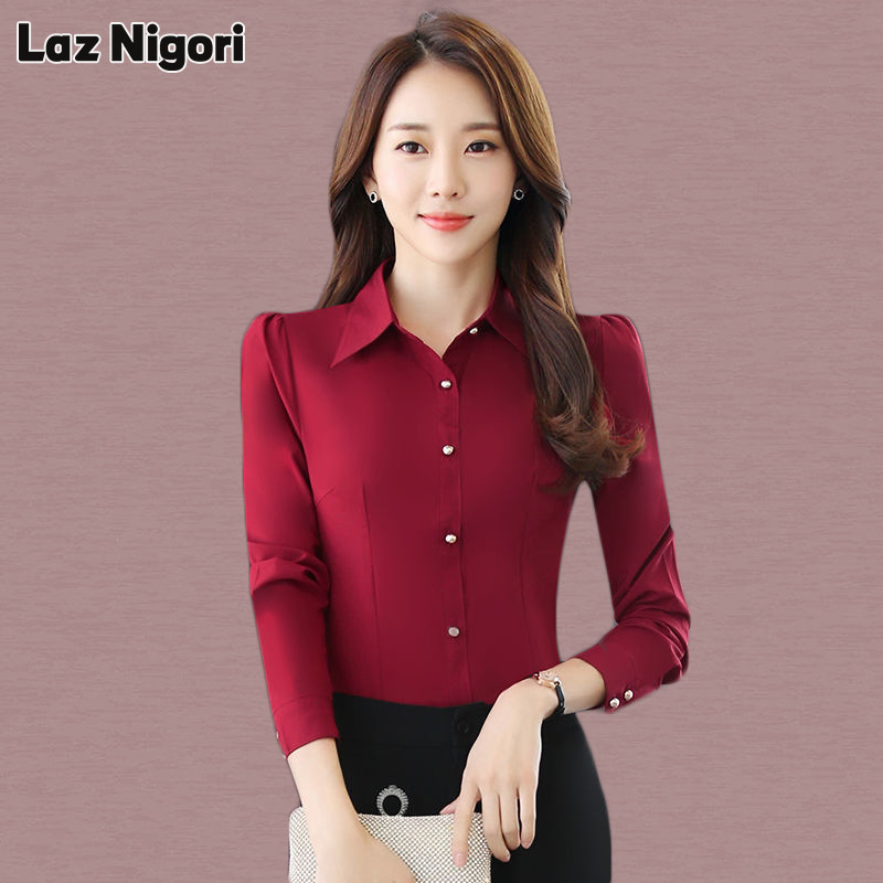 Laz Nigori women's long-sleeved spring new Korean style slimming professional wear formal red shirt ราคา 149 บาท*ส่งฟรี