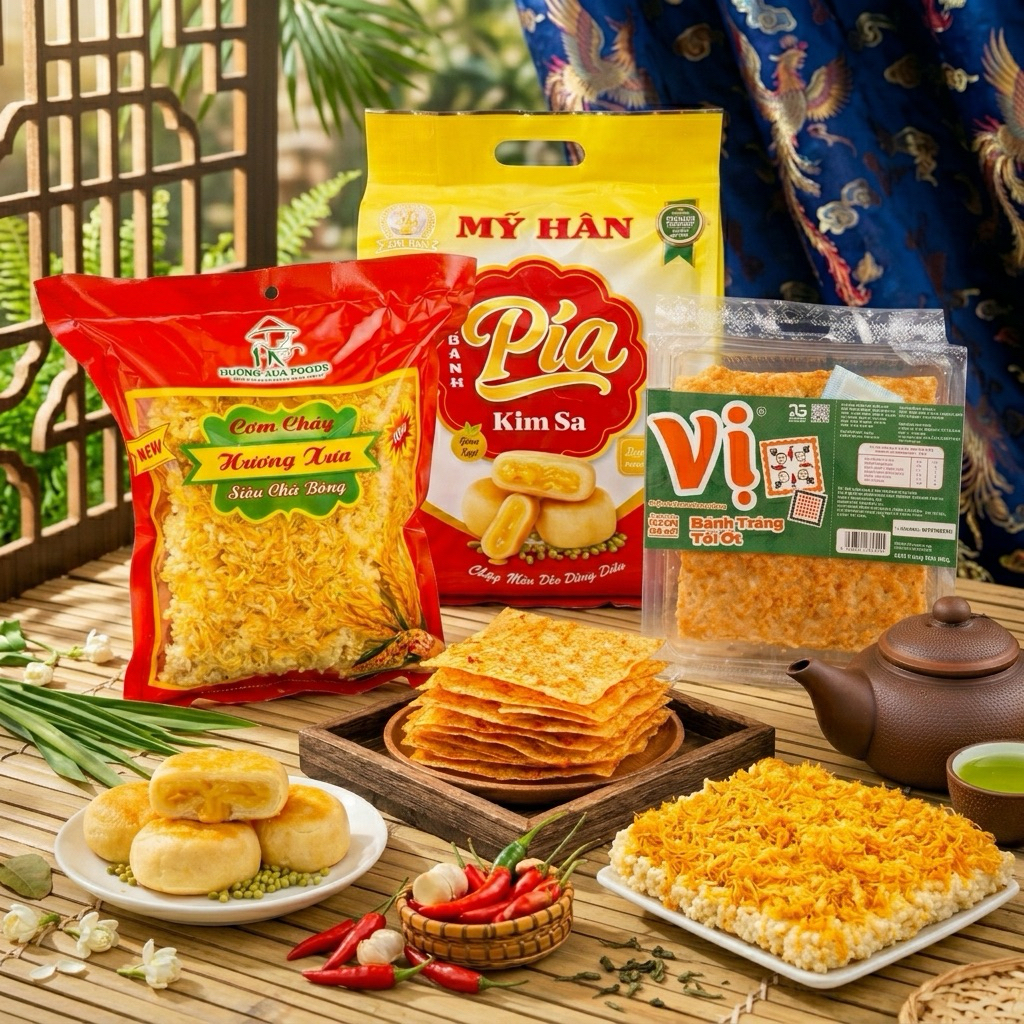Combo Ăn Vặt Siêu Hot: Bánh Pía Mỹ Hân + Cơm Cháy Hương Xưa + Bánh Tráng Vị