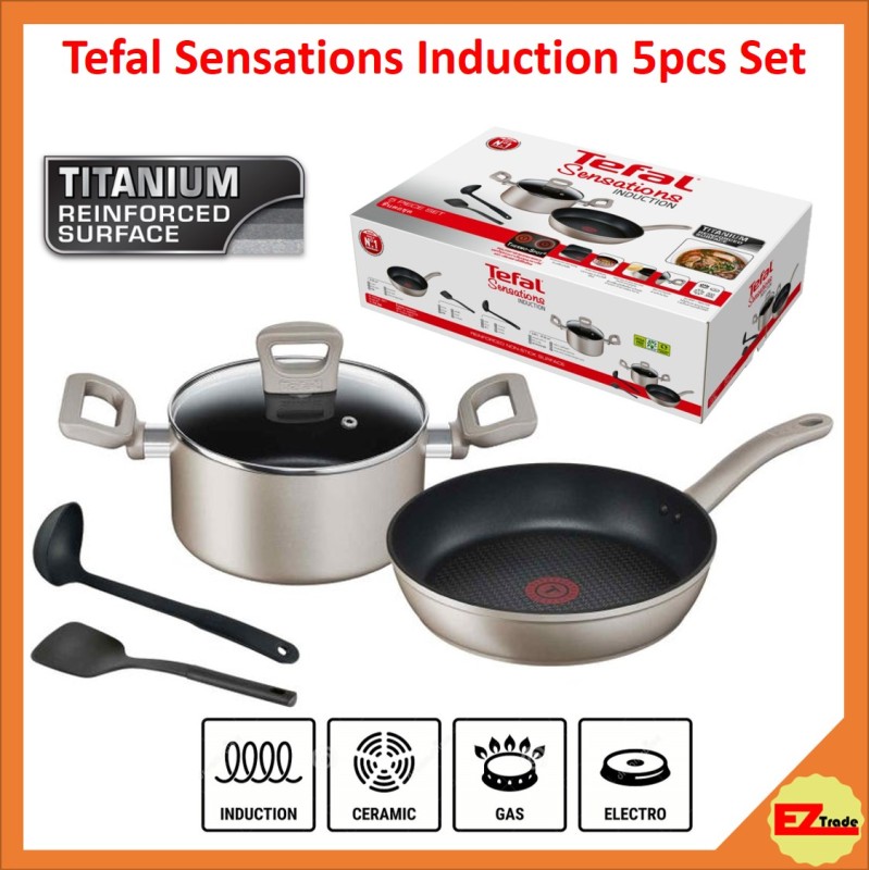 Tefal Sensations Induction 5pc Set (Frypan / Frying Pan 26cm + Stewpot 20cm w/lid + Spatula + Ladle) H910S5 Singapore