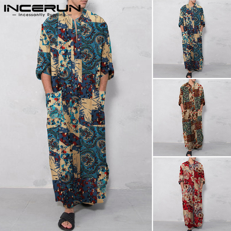 ChArmkpR Store nam hiệu incerun Hồi giáo in cổ điển Cotton Linen abaya phong cách dân tộc Tay áo dài nút túi áo choàng (mặc giản dị)