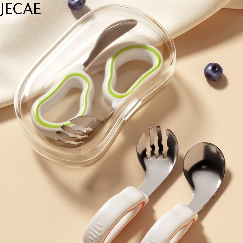 JECAE Tự ăn Bộ thìa và dĩa cho bé Thép không gỉ 316 Silicon Bộ dao dĩa cho trẻ em Đồ dùng bằng bạc Tay cầm ngắn Đồ dùng ăn uống cho trẻ em Trẻ mới biết đi học ăn