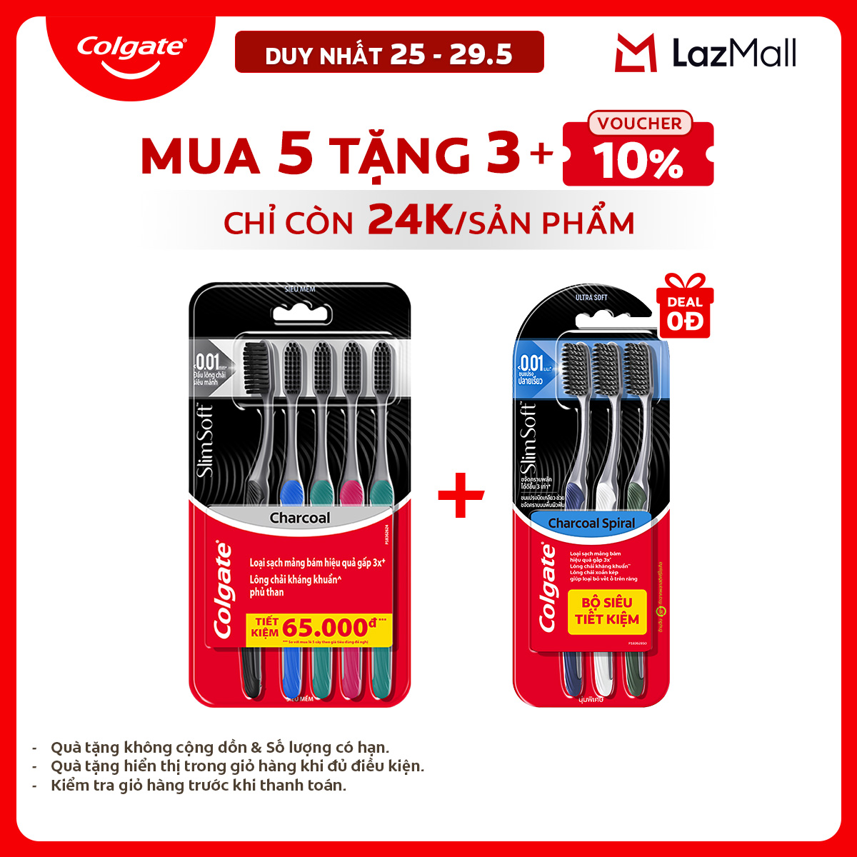 [Chỉ 25-29.5_Mua 5 tặng 3] Bộ 5 Bàn chải Colgate SlimSoft Charcoal than hoạt tính kháng khuẩn siêu mềm mảnh