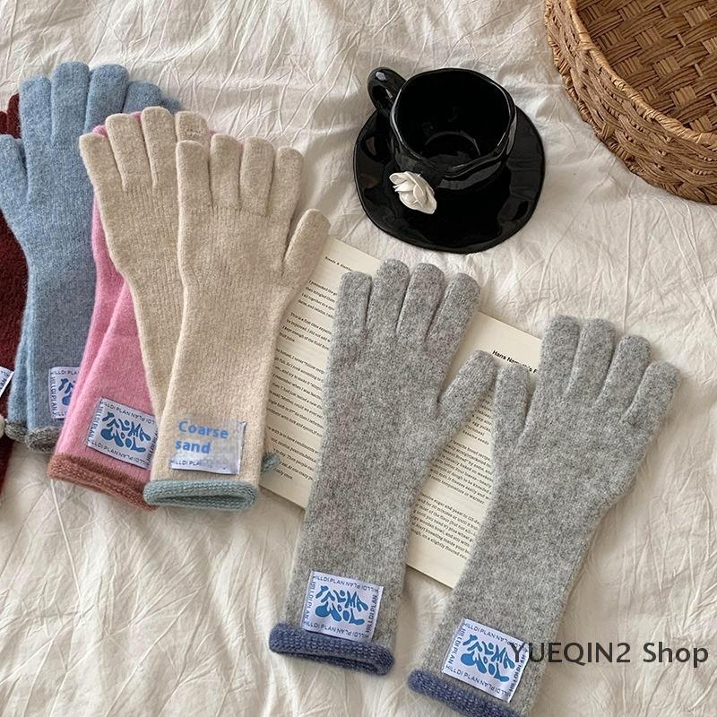 YUEQIN2 Shop Hàn Quốc giữa Chiều dài nhãn xoăn găng tay ấm áp cho phụ nữ dopamine màu chặn dệt kim màn hình cảm ứng sinh viên năm ngón tay găng tay