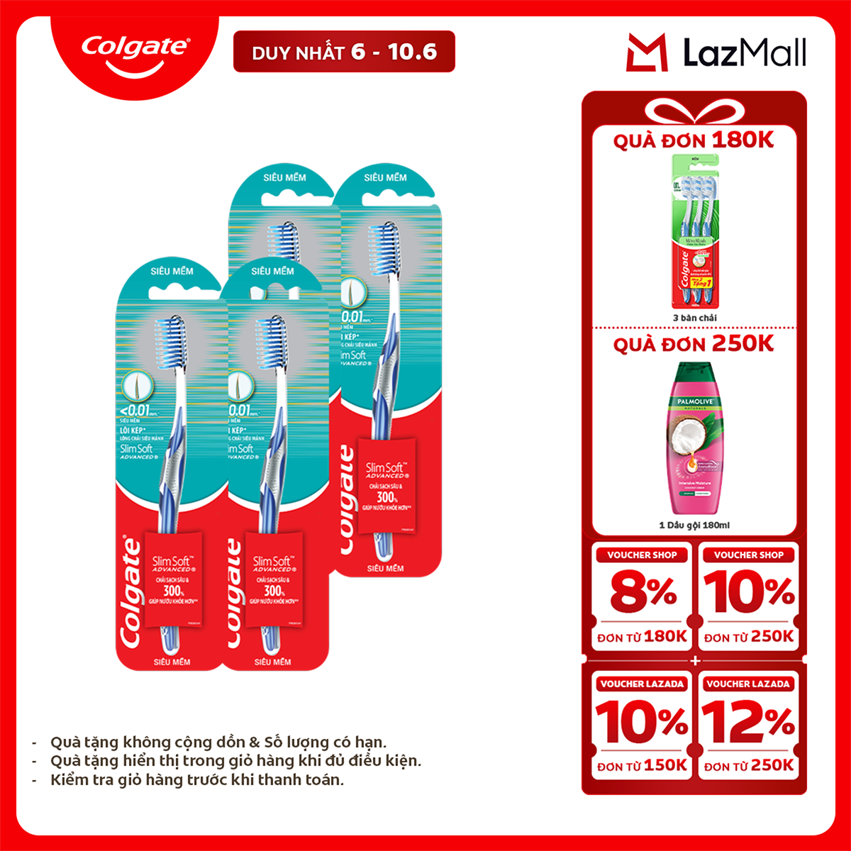 [Chỉ 6-10.6_X2 Voucher giảm 22%] Bàn chải Colgate Slimsoft Advanced lõi kép ngăn chảy máu nướu siêu mềm mảnh