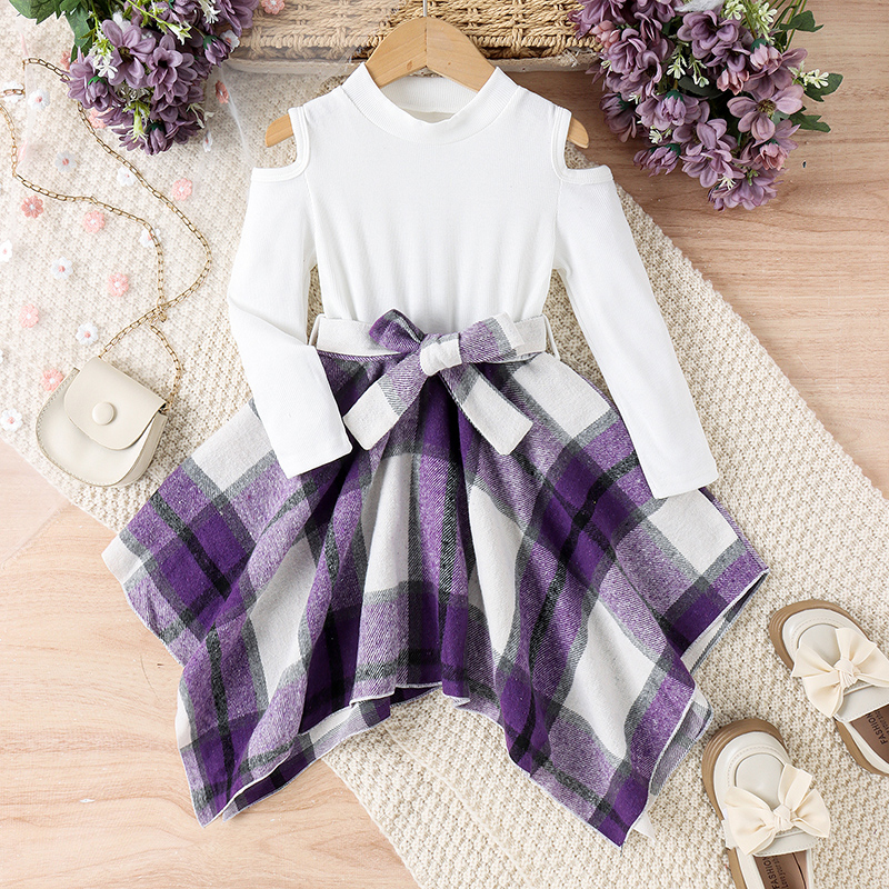 [Forever CY Baby] Trang phục mùa thu cho bé gái trẻ em, đầm không đối xứng chắp ghép kẻ sọc vai tay áo dài lạnh có thắt lưng trang phục 2 món