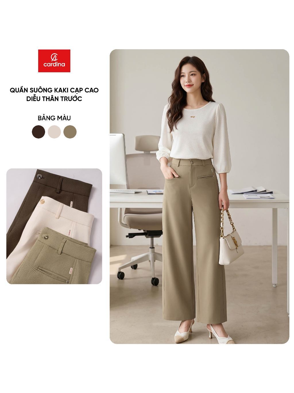 Quần dài nữ CARDINA Chất liệu kaki cạp cao diễu thân trước 6QDT38