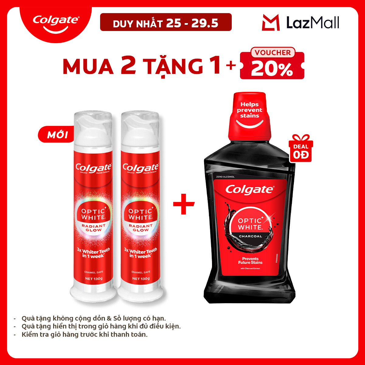 [Chỉ 25-29.5_X2 Voucher giảm 20%] [MỚI] Kem đánh răng Colgate vòi nhấn thông minh Optic White Radiant Glow, trắng răng trong 7 ngày, khóa chân không hạn chế vi khuẩn 130g/ ống