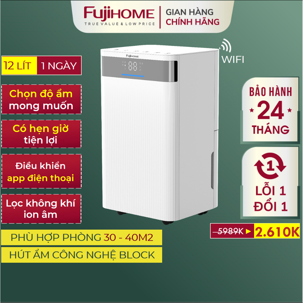Máy khử ẩm gia đình FUJIHOME DH12NW Nhập Khẩu Máy hút ẩm công nghệ ion âm lọc bụi điều khiển từ xa