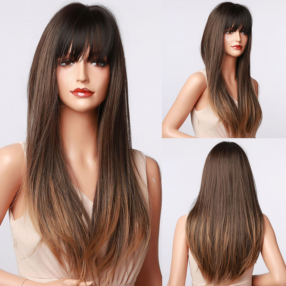Bạch Kim nhân tạo Ombre Tóc Giả Cosplay Mượt dài thẳng Với Bangs gốc tối màu tóc hóa trang Tóc Giả C