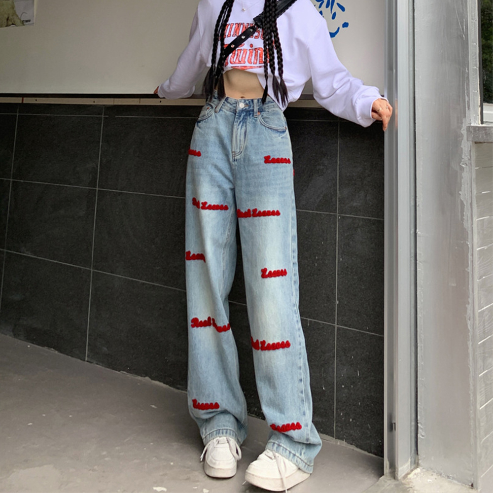 BRANCHÉ กางเกงยีนส์สำหรับผู้หญิงฤดูใบไม้ผลิสบายเกาหลี Streetwear จดหมายขากว้างพิมพ์เอวธรรมชาติเต็มความยาวทุกวันกางเกงยีนส์ B250318 ราคา 597 บาท*ส่งฟรี