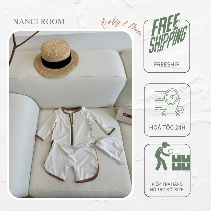 Đồ bơi khoá kéo em bé trai + nón
