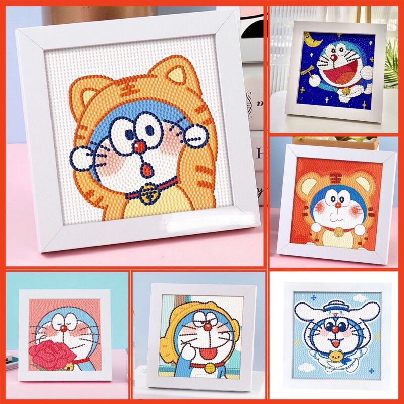 Tranh Đính Đá Doremon Kèm Khung, Tranh Gắn Đá Mini 5D Tự Hoàn Thành, Tăng Khả Năng Tập Trung Cho Bé