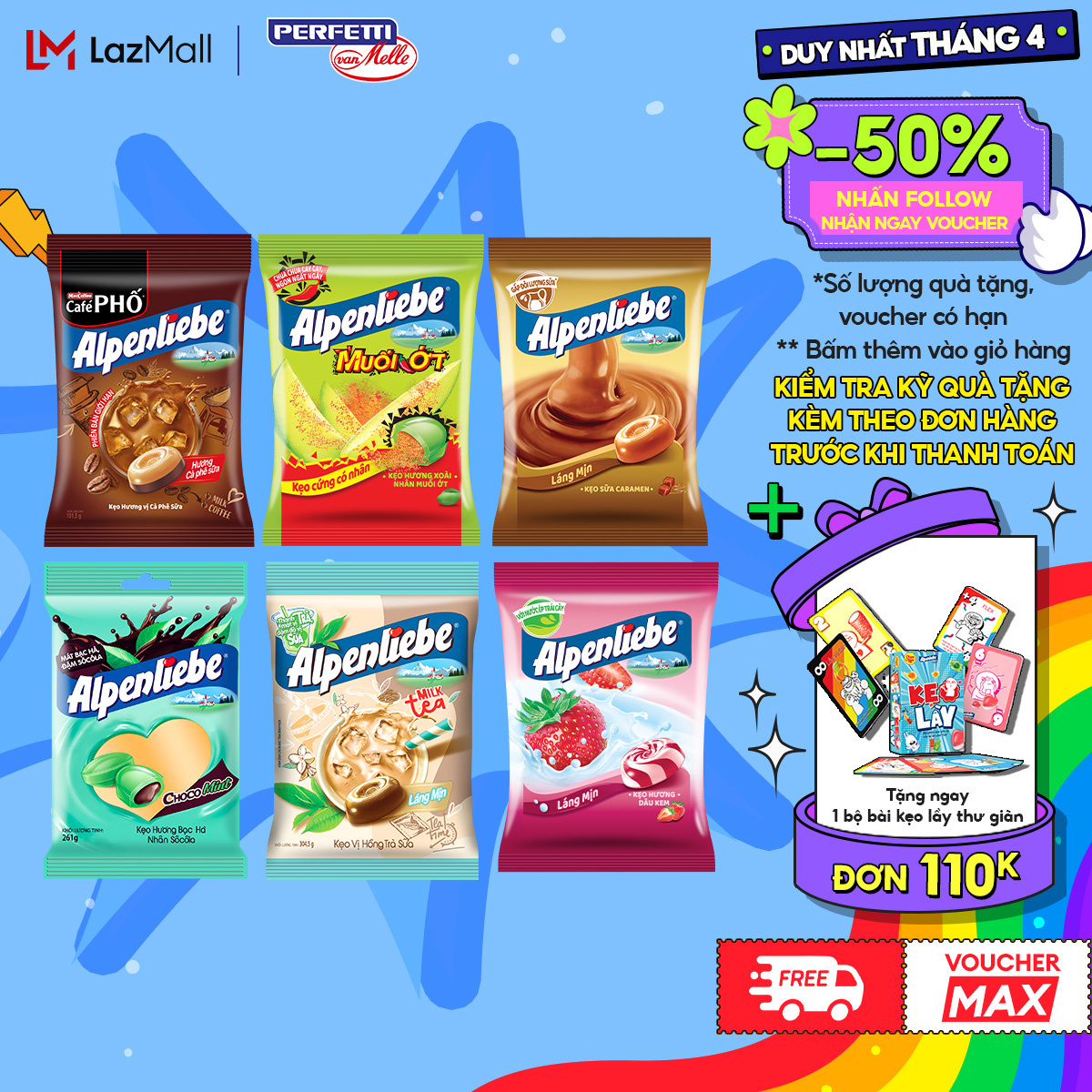 COMBO Kẹo cứng Alpenliebe đậm vị sữa béo hương Caramel, Dâu sữa, Trà sữa và kẹo cứng có nhân Xoài muối ớt